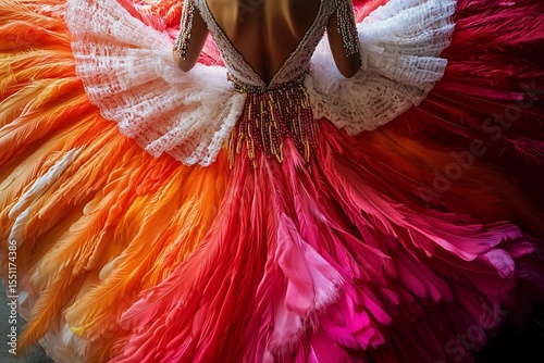 Dancer showcasing red feather costume at Brazilian carnival celebration in Rio de Janeiro