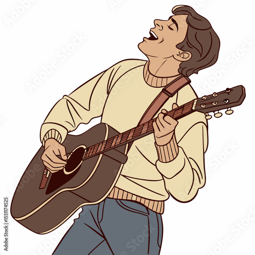 Illustration of an animated character playing guitar and passionately singing