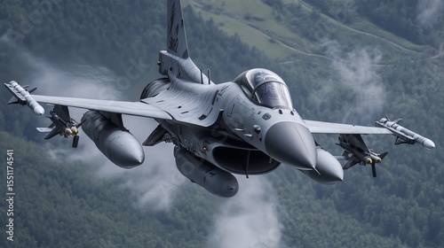 A gray fighter jet in flight, low altitude, above a mountainous landscape.  Missiles are visible under the wings