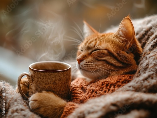 Cat relaxing with warm tea by the window on a cozy afternoon