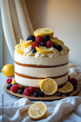 Vanilla lemon sponge layered cake with fruit on top	