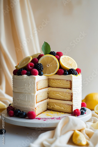Vanilla lemon sponge layered cake with fruit on top	