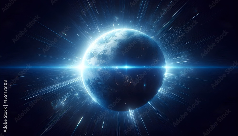 Obraz premium Blue light flare - flash light streak ray - large light flare behind the planet