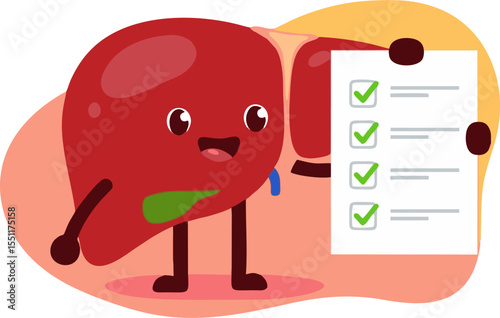 Cartoon Liver Character Holding a Checklist with Green Checkmarks, Smiling