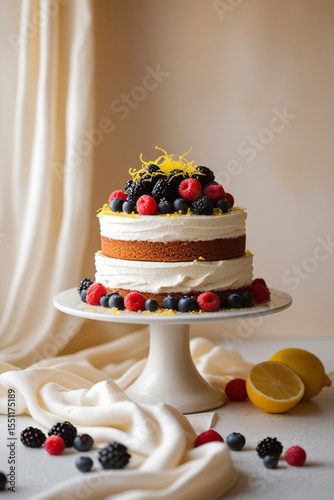 Vanilla sponge layered cake with fruit on top	