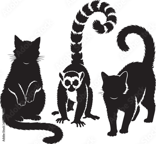 Playful black cat and lemur silhouette set for jungle art, pet designs, and vector illustration creations