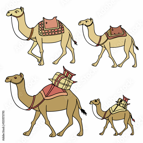 Caravan of dromedaries depicted through illustrated whimsical line drawings