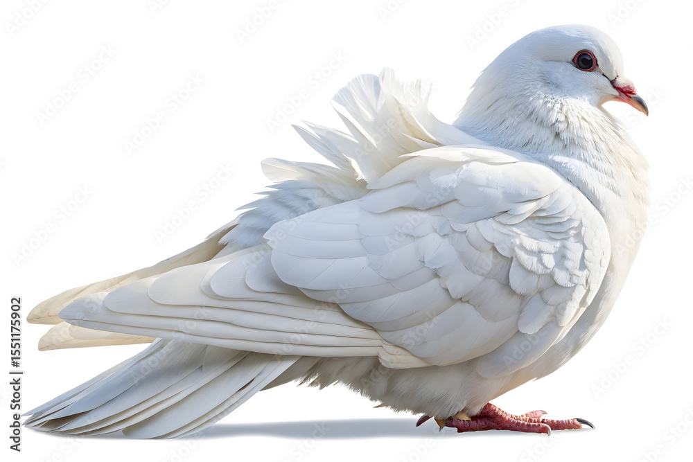 Obraz premium White Dove with Red Eyes Standing on Smooth Surface Symbolizing Peace and Purity White jacobin pigeon perched gracefully isolated on a white background