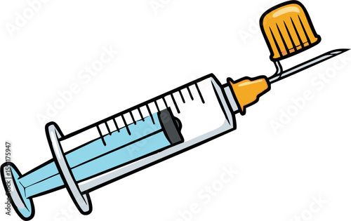 Cartoon Syringe with Blue Liquid and Detached Orange Needle Cap