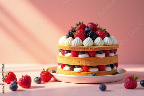 Vanilla sponge layered cake with fruit on top	