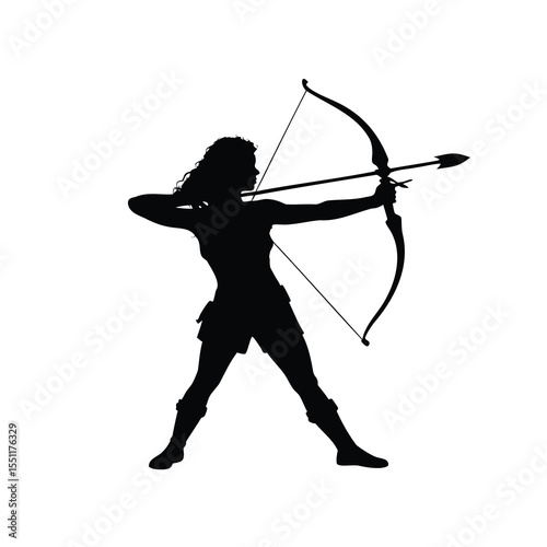 Silhouette of a Female Archer Preparing to Shoot an Arrow with Bow