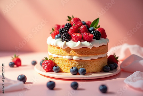 Vanilla sponge layered cake with fruit on top	