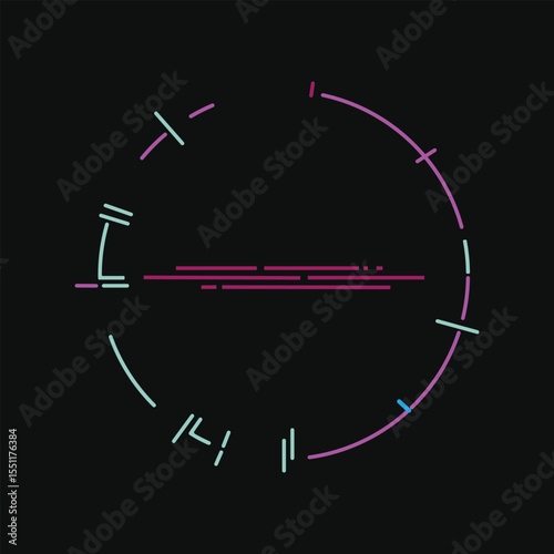 An intricate abstract circular design composed of magenta and teal lines and dashes on a dark background, suggestive of data, technology, or a digital interface.

