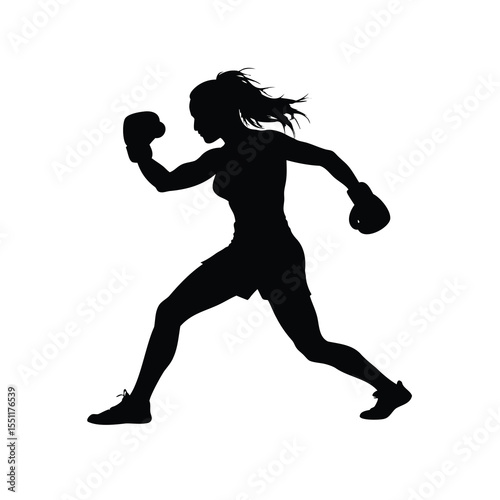 Silhouette of a Female Boxer in Action with Gloves and Ponytail