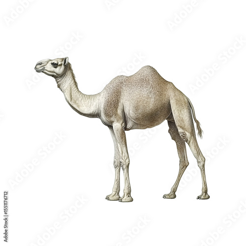 Isolated dromedary camel on a white background, a desert mammal with a distinctive hump
