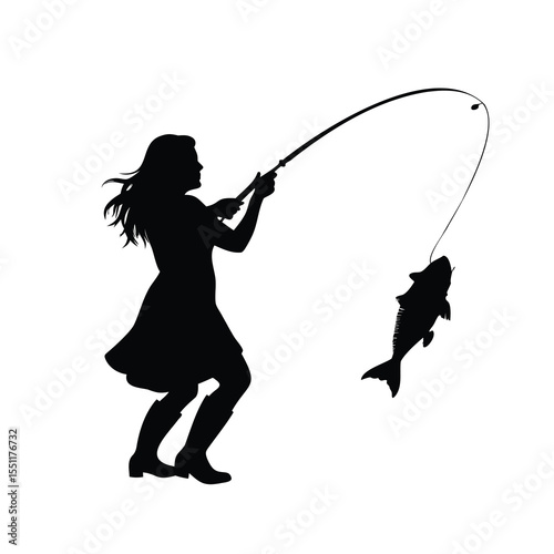 Silhouette of a woman catching a fish with a fishing pole
