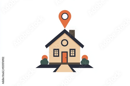 A modern, flat design illustration of a house with a location pin on top, symbolizing real estate, home search, and property location services