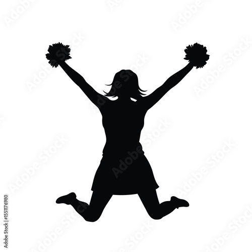 Silhouette of a cheerleader jumping in the air with pom poms