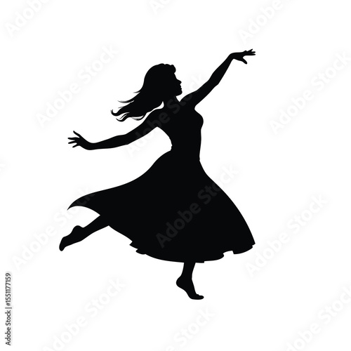 Silhouette of a dancing woman in a dress against a white background