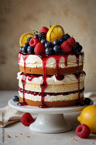 Vanilla sponge layered cake with fruit on top	