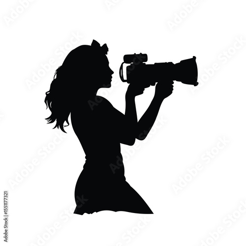Silhouette of a stylish young woman with a camera taking pictures