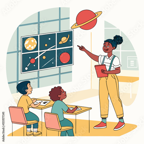 Engaging classroom scene: Teacher leading lesson about celestial bodies with students