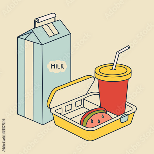 Stylized Lunchbox Still Life: Milk Carton, Sandwich, and Drink Illustration