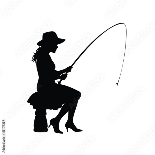 Silhouette of an Elegant Woman Fishing While Wearing High Heels and Hat