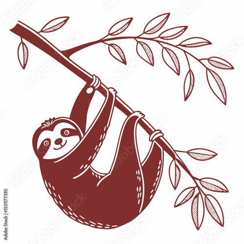 Charming sloth illustration hanging lazily from a leafy branch in the jungle