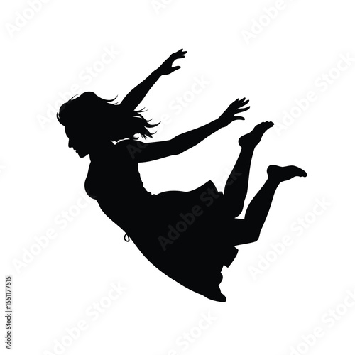 Silhouette of a falling woman in dress with outstretched arms and legs