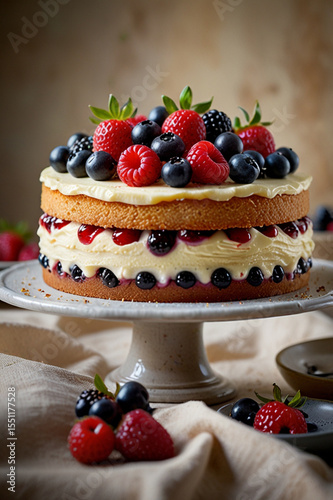 Vanilla sponge layered cake with fruit on top	