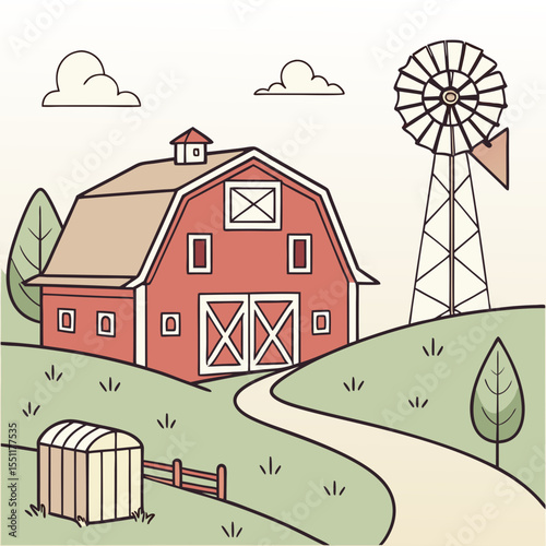 Stylized illustration of a barnyard scene with red barn and windmill