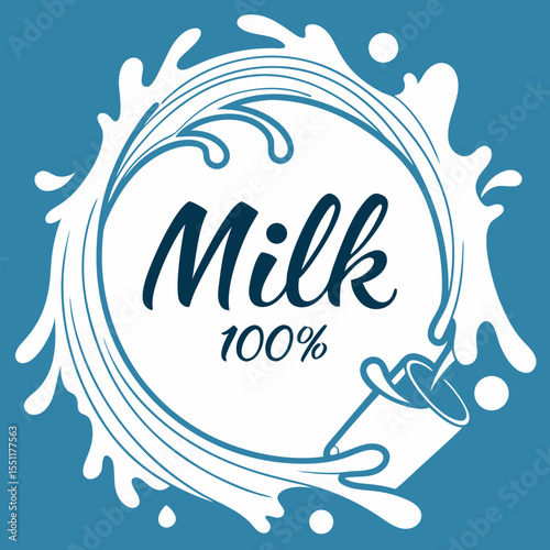 Dairy liquid splash with one hundred percent inscription on a light blue backdrop