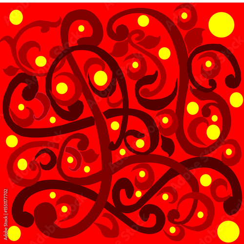 this vector illustrations features an intricate, flowing pattern of lines and circle reminiscent of classic engravings or carvings. 