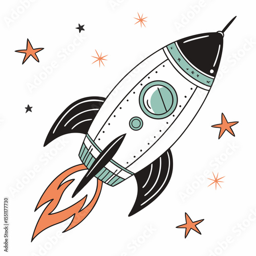 Stylized rocket illustration soaring amidst celestial stars with a retro flair
