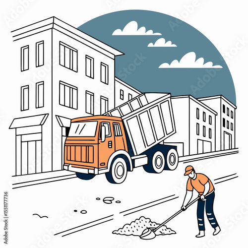 Drawn depiction of road maintenance work in an urban setting with a tipper lorry