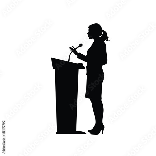Silhouette of a confident business woman delivering a speech at a podium