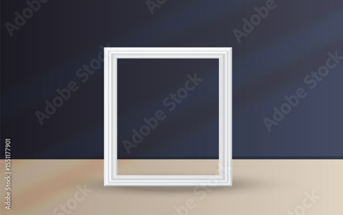 A clean, white rectangular picture frame stands upright, casting a soft shadow, against a dark wall with subtle light reflections and a light-colored surface below. Ideal for showcasing art or photos.