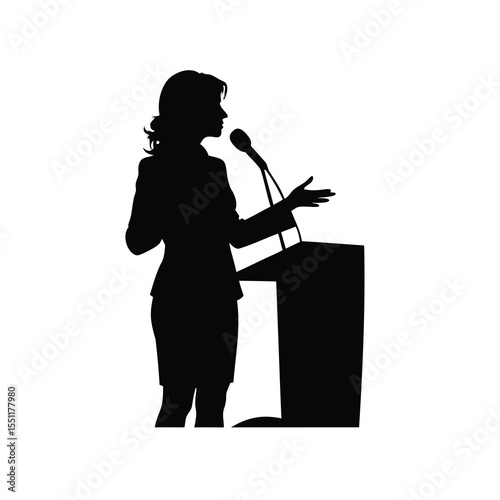 Silhouette of a Woman Giving a Speech from a Podium Confidently