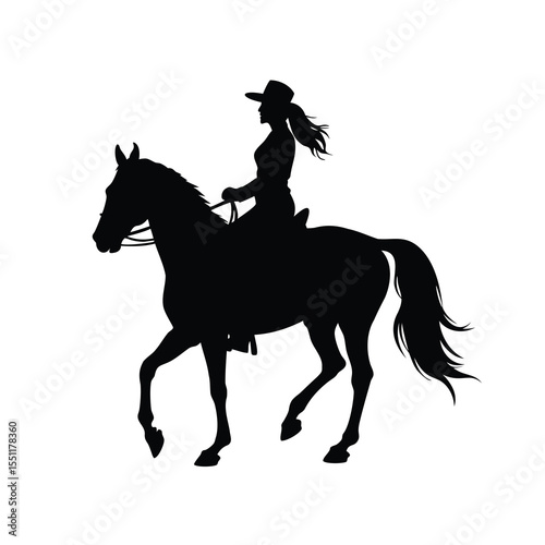 Silhouette of a cowgirl riding a horse with flowing mane and tail