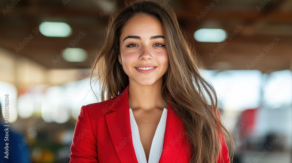 Obraz premium A cheerful young woman beams in a striking red ensemble, embodying youthful energy and positivity in a vibrant and engaging atmosphere.