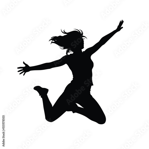 Silhouette of a woman jumping with joy and arms outstretched in celebration
