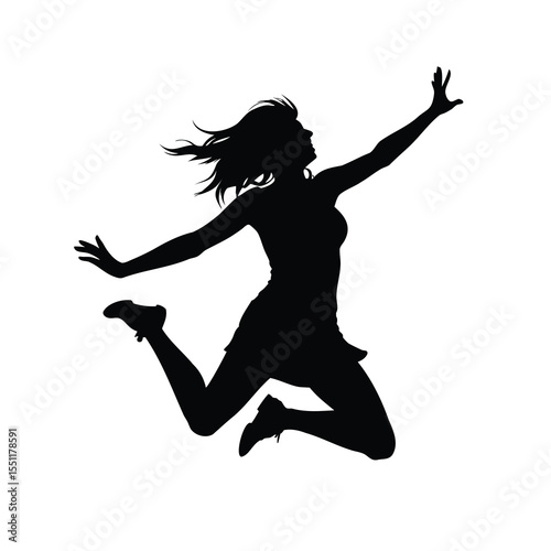 Silhouette of Woman Jumping with Joy and Energy on White Background