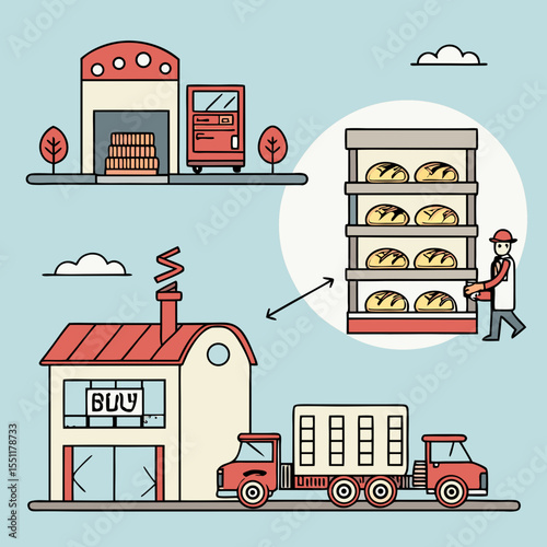 Artistic illustration depicting the journey of bread from bakery to purchase