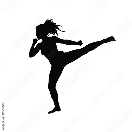 Silhouette of a female martial artist performing a high kick technique