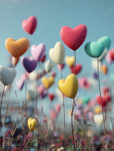 Floating Heart Balloons Create a Whimsical Atmosphere in a Vibrant Abstract Field With Colorful Clay-Style Elements