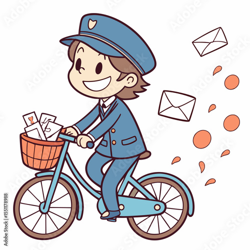 Cheerful Cartoon Mail Carrier on Bicycle Delivering Letters with Flair Design