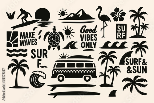 A vector set of travel icons featuring a tropical beach, palm trees, and a summer car, perfect for a Hawaiian vacation design