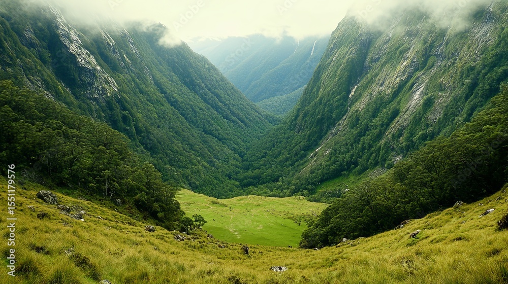 Fototapeta premium A misty valley nestled between lush, green mountains, showcasing a serene, grassy meadow at its heart. A breathtaking view of nature's untouched beauty