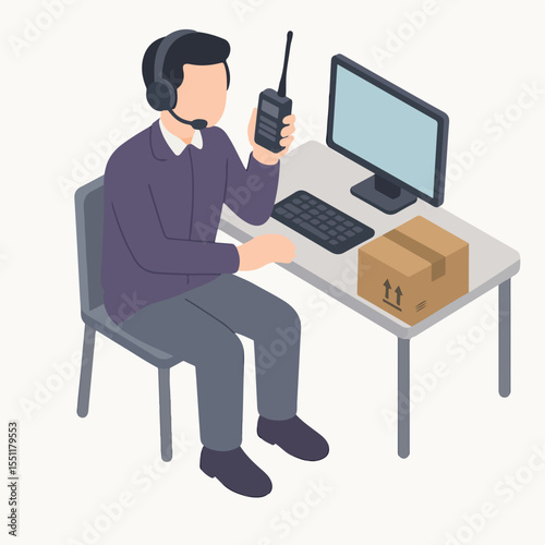 Isometric Person with Headset Holding Walkie Talkie at Desk Illustration